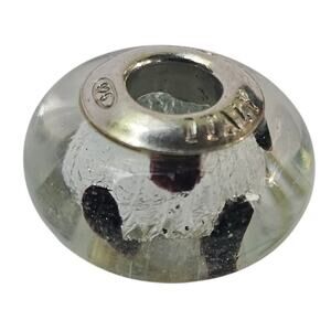 Murano RL Sterling Silver 925  Metallic Silver Burgundy Dotted Glass Charm Bead